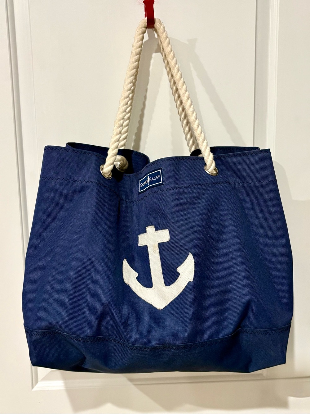 Navy Tote Bag with White Anchor and Cream Rope Handles